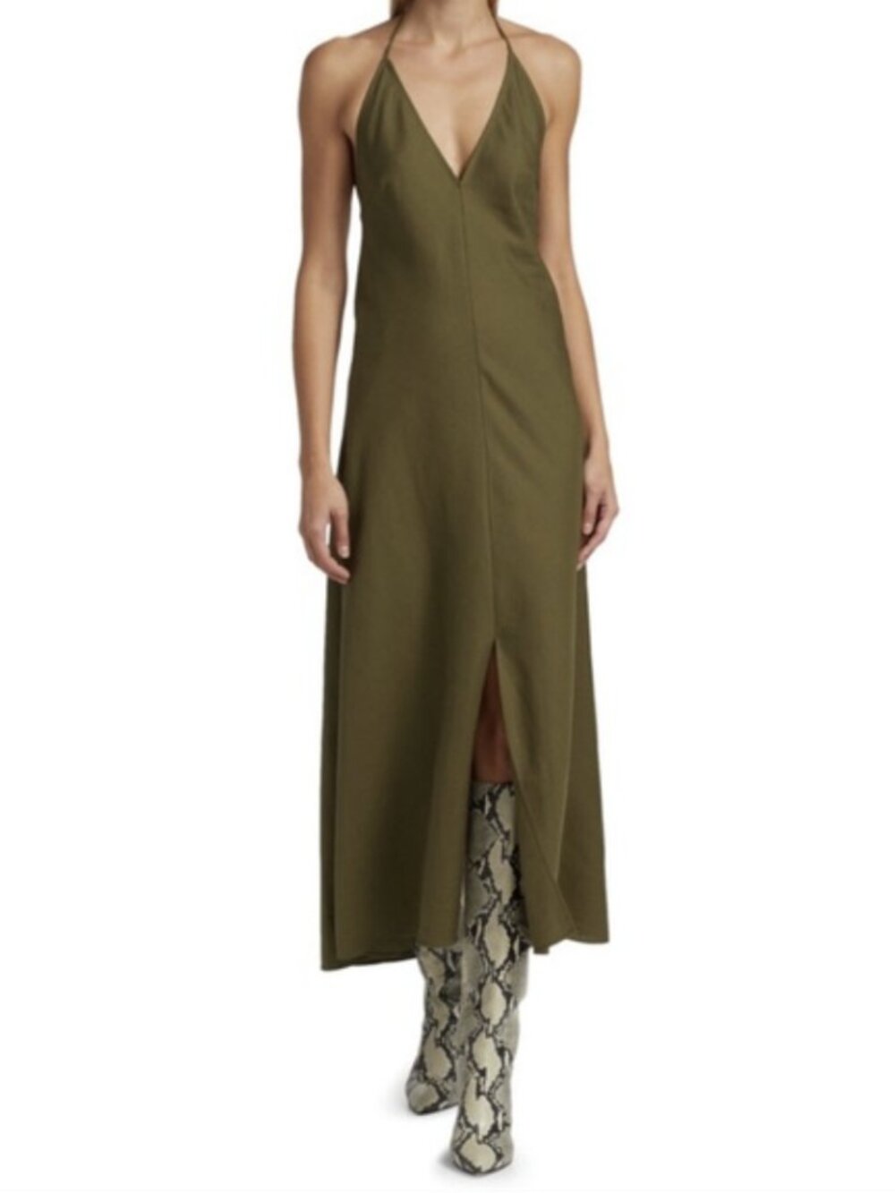 FRAME Laced-Back Halter Dress Olive Green Slit Linen Cotton V-Neck Size Medium